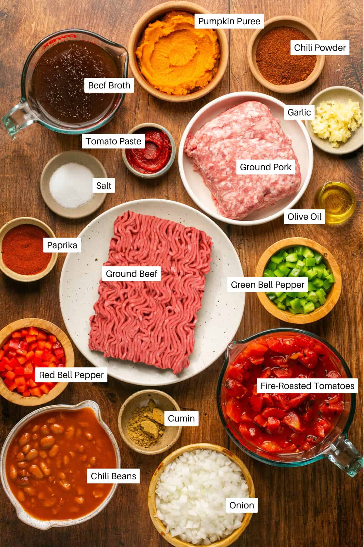 A top-down view of labeled ingredients for pork chili, including ground beef, ground pork, bell peppers, onion, garlic, spices, pumpkin puree, fire-roasted tomatoes, chili beans, tomato paste, salt, and beef broth.