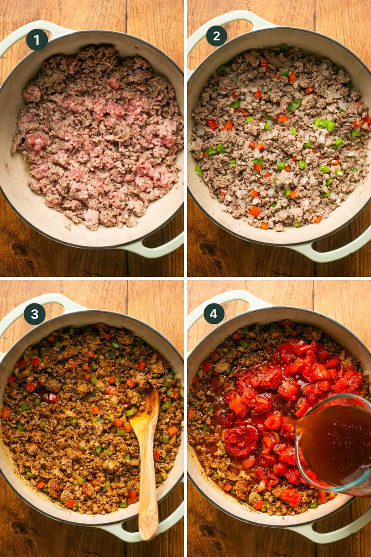 Four-step collage of pork chili in the making: 1) Ground meat browning, 2) Meat with diced vegetables, 3) Pork and veggies mixed with spices, 4) Diced tomatoes and broth added for a savory chili base.