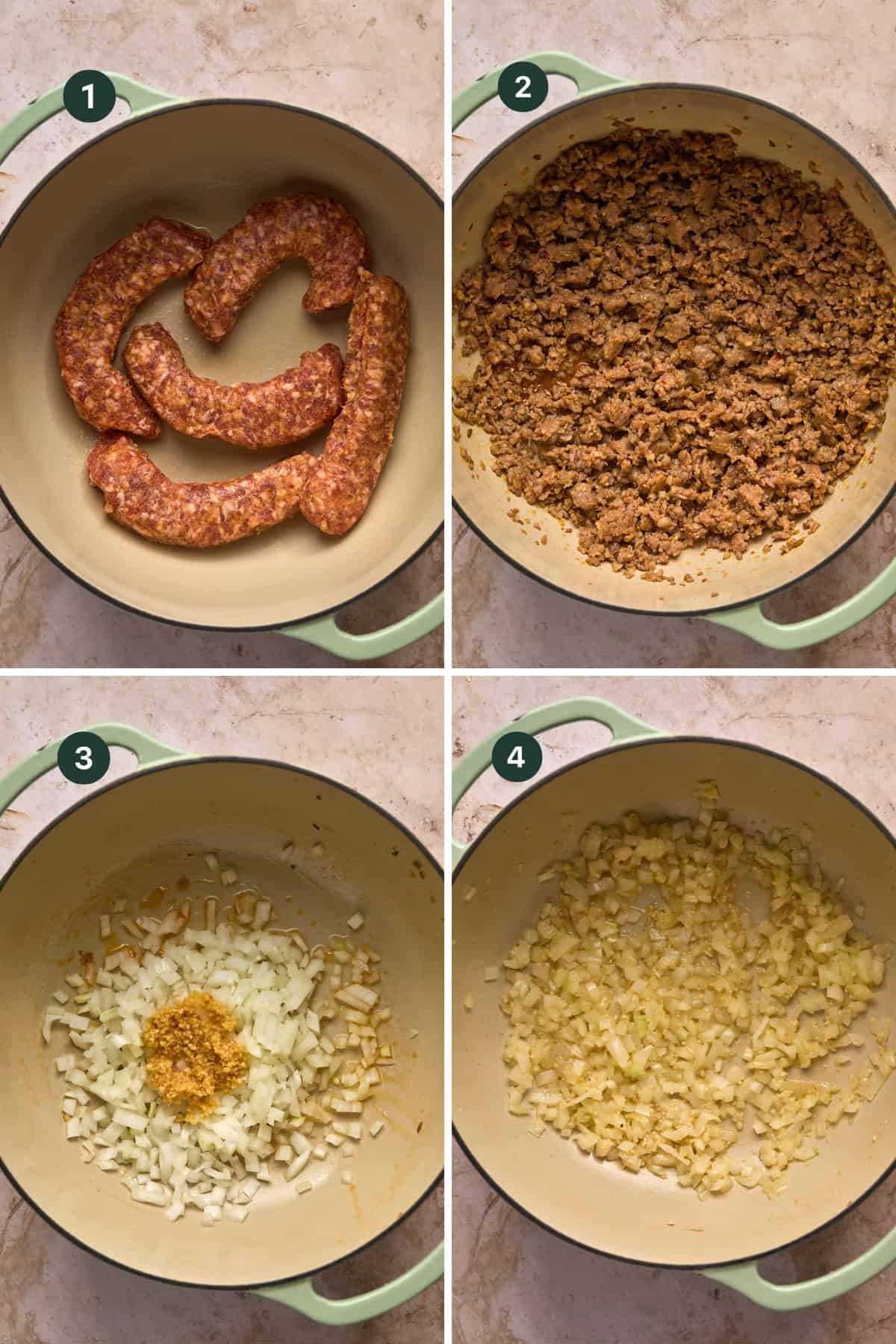 A four-step cooking process for Sausage and White Bean Soup in a green pot: 1) raw sausage links, 2) browned crumbled sausage, 3) chopped onions and minced garlic, 4) onions and garlic sautéed until soft and translucent.