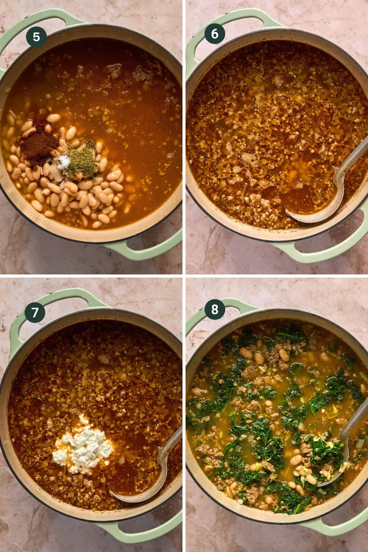 Four images show a green pot on a stovetop at different stages of making Sausage and White Bean Soup: adding spices and beans, stirring, adding cheese, and finally topping the simmering mixture with chopped greens.