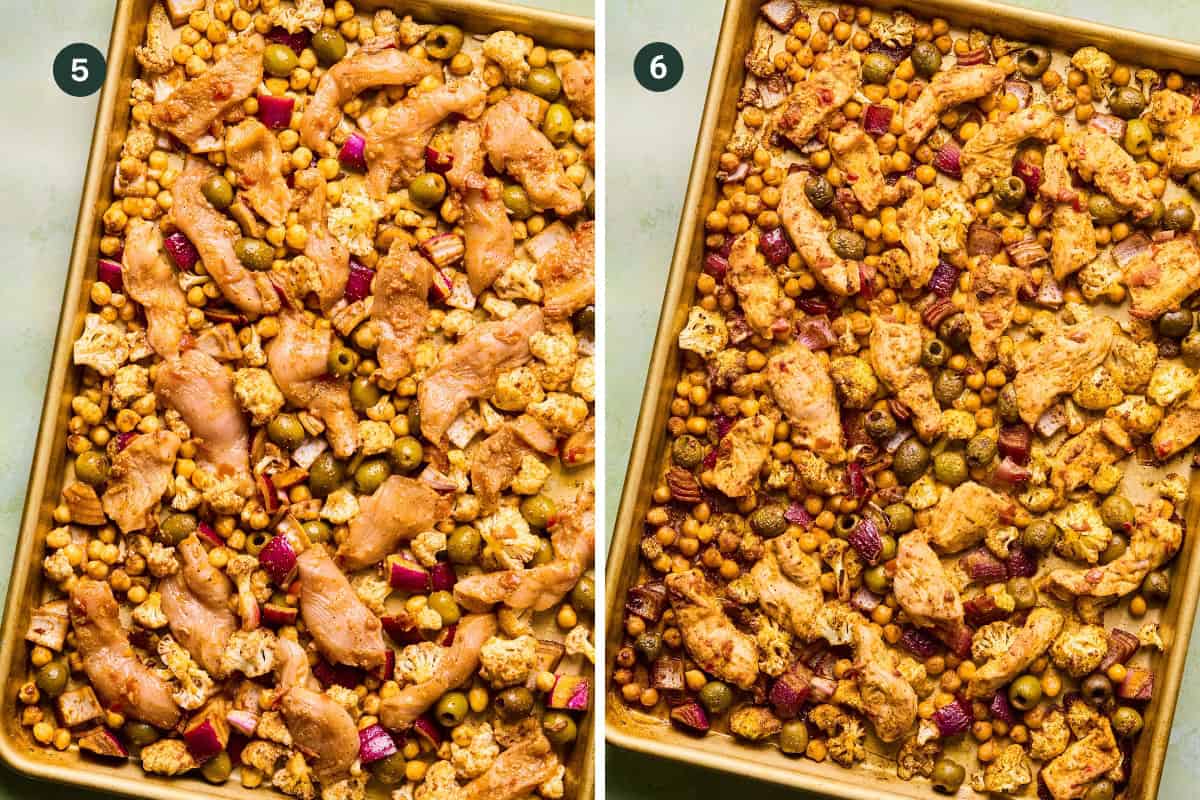 Side-by-side images of a harissa tray bake chicken sheet pan filled with raw (left) and roasted (right) chicken strips, chickpeas, cauliflower, green olives, and diced red vegetables, showing the transition before and after baking.