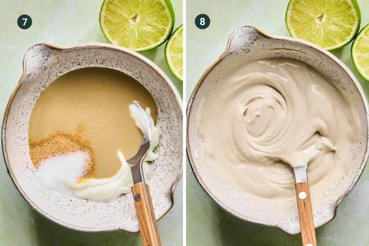 Two side-by-side images: left shows a mixing bowl with condensed milk, yogurt, sugar, zest, and a spoon; right shows the smooth mixture blended to creamy perfection. Sliced limes rest at the top—a perfect dessert after harissa tray bake chicken.