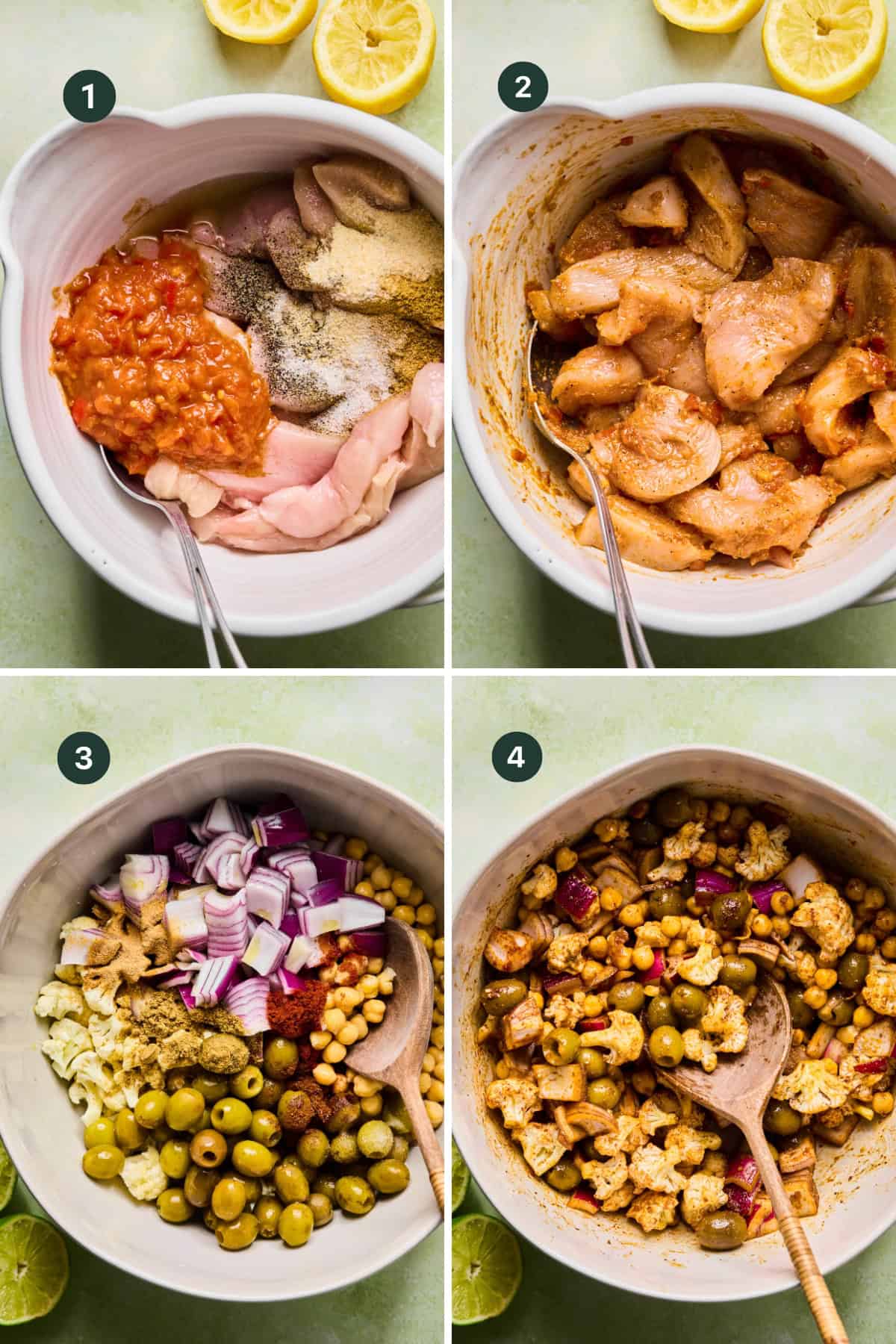 Four panels show a step-by-step harissa tray bake chicken recipe: mixing chicken with spices and sauce, coating the chicken, adding chopped onion, olives, chickpeas, corn, extra spices, then stirring everything together in a bowl.