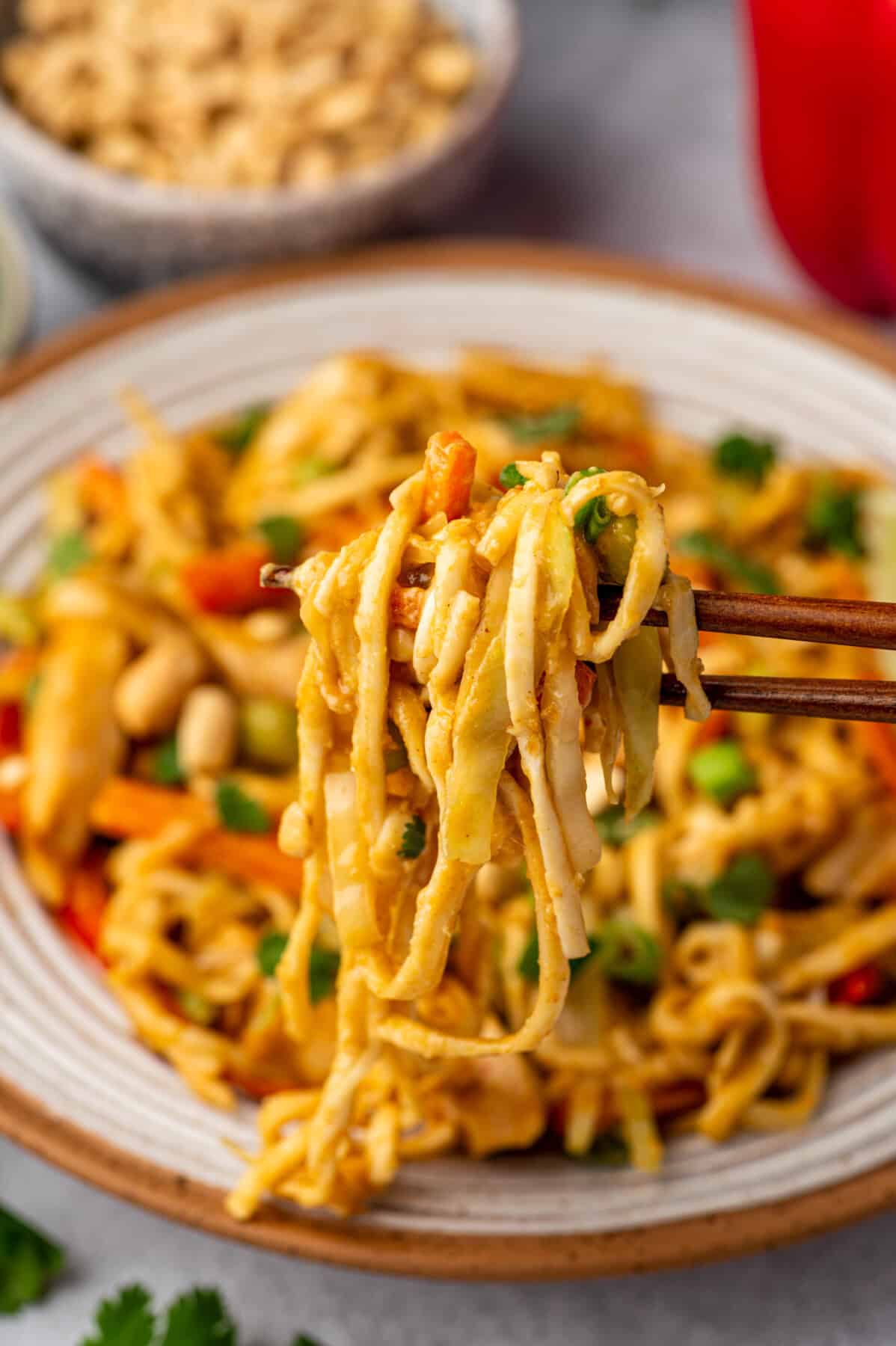 A close-up of chopsticks holding a portion of Chicken Satay Noodles above a plate with vegetables, garnished with chopped peanuts and green herbs. A bowl of peanuts is blurred in the background.