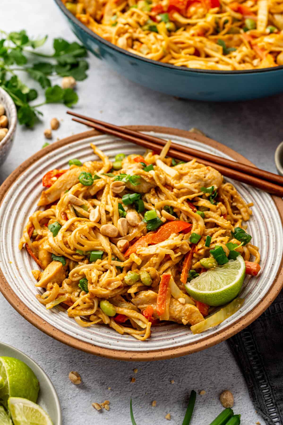 A plate of Chicken Satay Noodles with chicken, vegetables, chopped peanuts, and green onions, garnished with a lime wedge. Chopsticks rest on the plate, and more noodles are in a pan in the background.