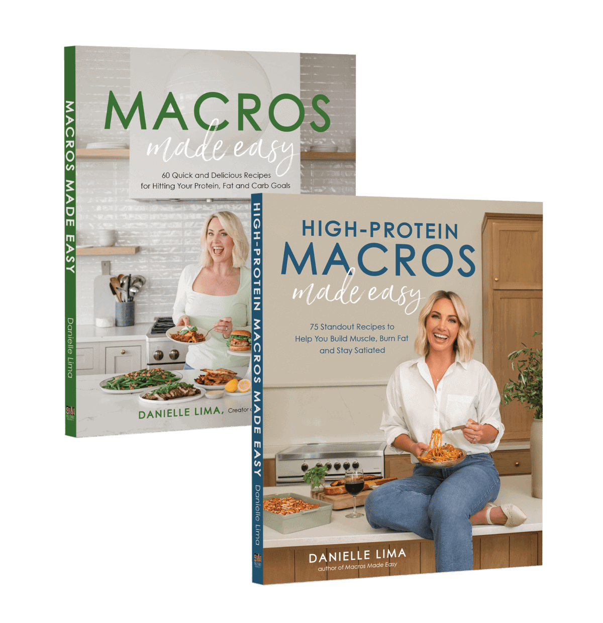 Two recipe books by Danielle Lima. One titled Macros Made Easy shows a woman in a kitchen with dishes of food. The other, High-Protein Macros Made Easy, shows the same woman sitting on a kitchen counter holding a bowl.
