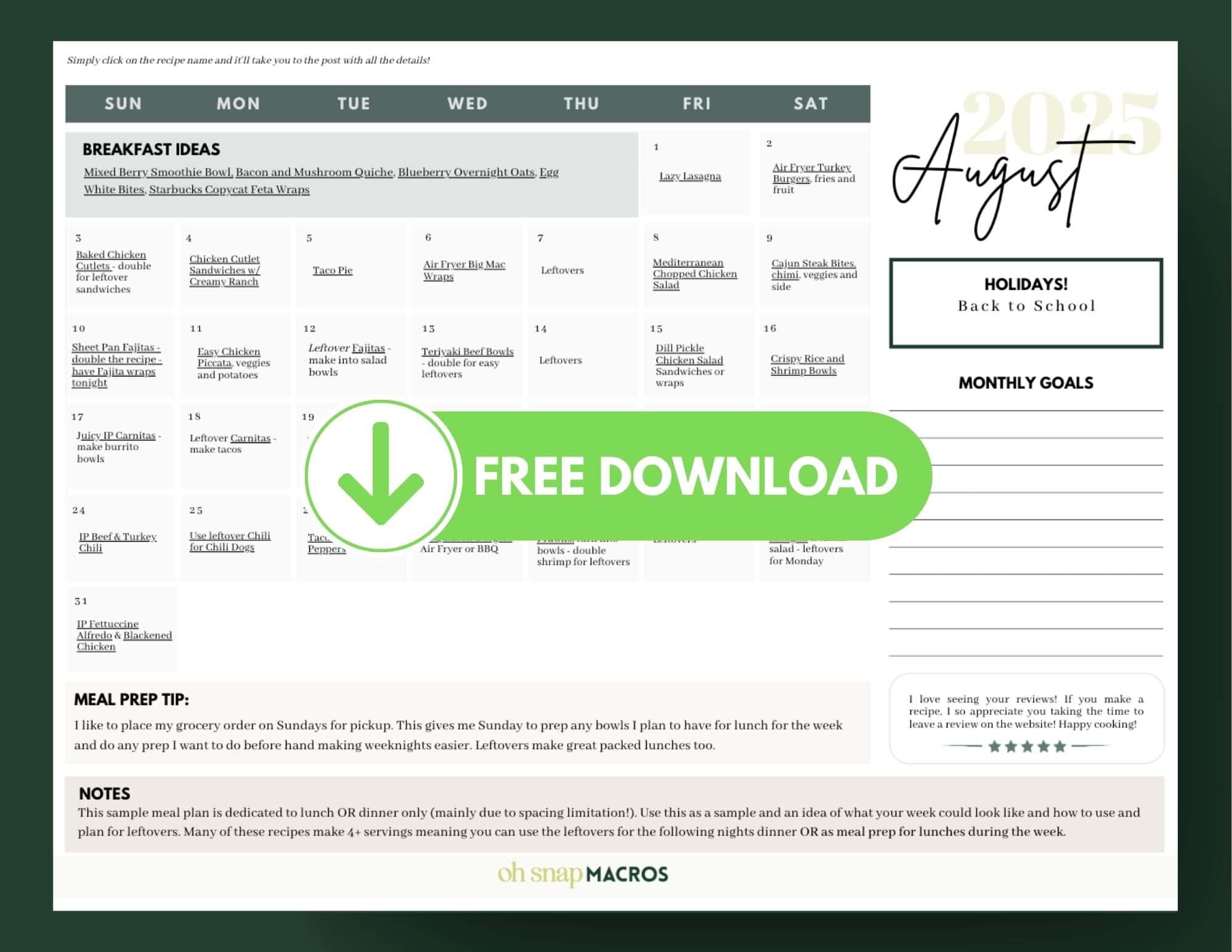 August 2025 meal planning calendar with breakfast ideas, meal prep tips, and notes section. FREE DOWNLOAD button overlays center. Holidays and goals columns on right. Green and white color scheme, oh snap! MACROS branding at bottom.