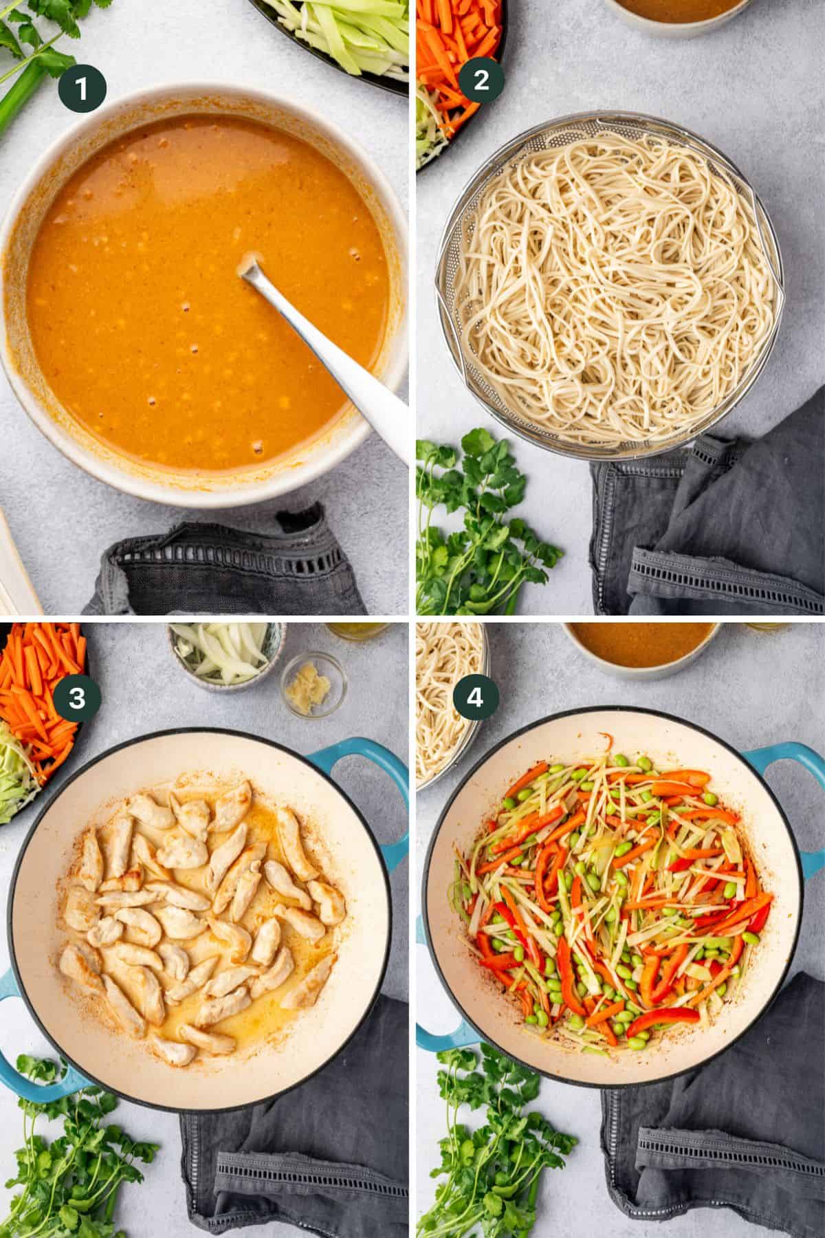 A four-step collage shows: 1) A bowl of peanut sauce with a spoon; 2) Cooked Chicken Satay Noodles in a bowl; 3) Sliced chicken cooking in a pan; 4) Sliced vegetables and chicken together. Fresh herbs and vegetables surround the dishes.