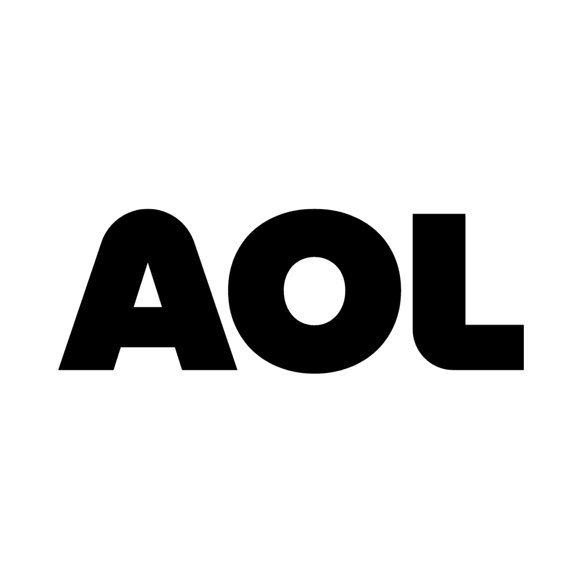 Black bold capital letters AOL on a white background, representing the iconic logo of the internet company AOL, often seen on classic about me pages from the early web era.