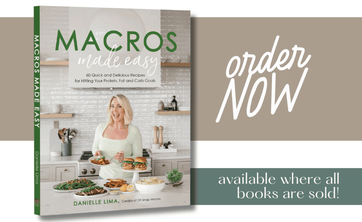 Book cover for Macros Made Easy by Danielle Lima, showing a smiling woman in a bright kitchen holding plates of food. Text promotes availability: order NOW and available where all books are sold!.