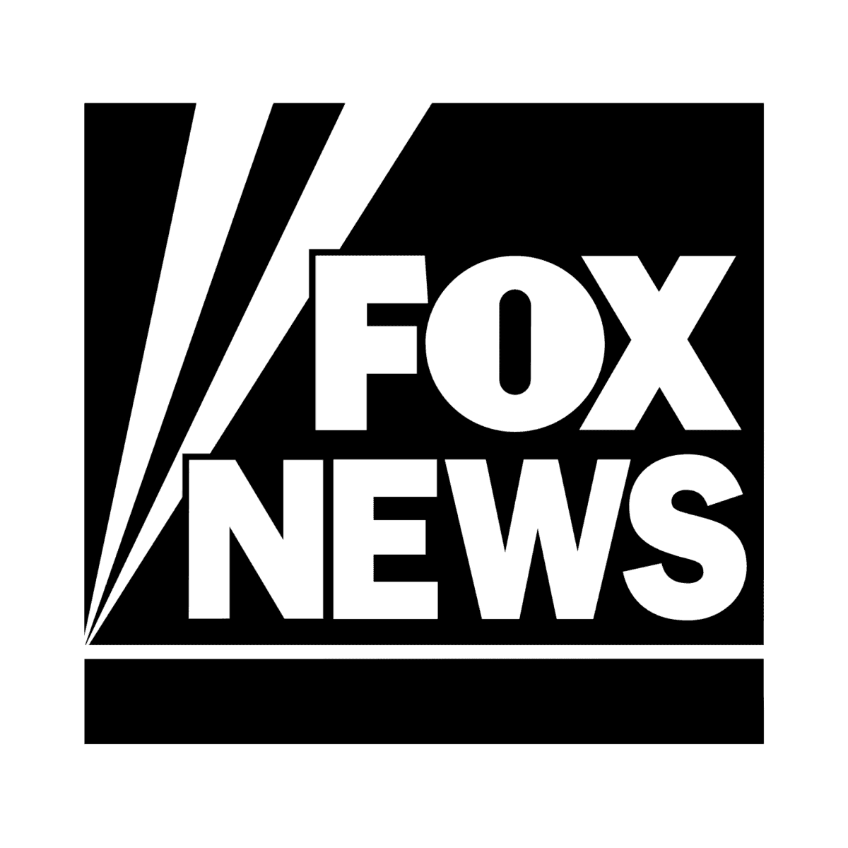 Fox News logo featuring bold white text reading FOX NEWS on a black background, with diagonal white lines radiating from the bottom left cornerโperfect for an about me section to showcase your news interests.