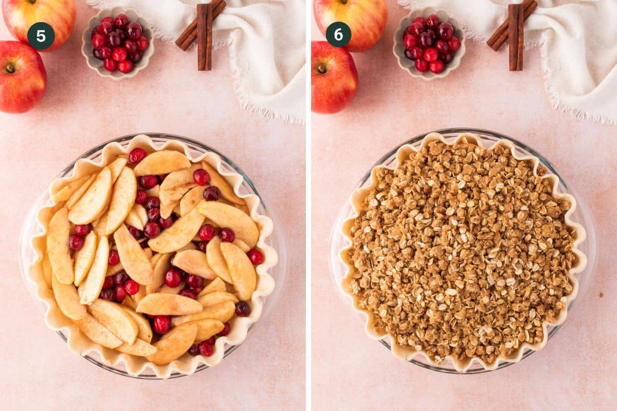 Side-by-side images show a pie dish: on the left, filled with sliced apples and cranberries; on the right, topped with a crumbly oat mixture for a delicious cranberry and apple crumble. Surrounding items include apples, cranberries, cinnamon sticks, and a napkin.