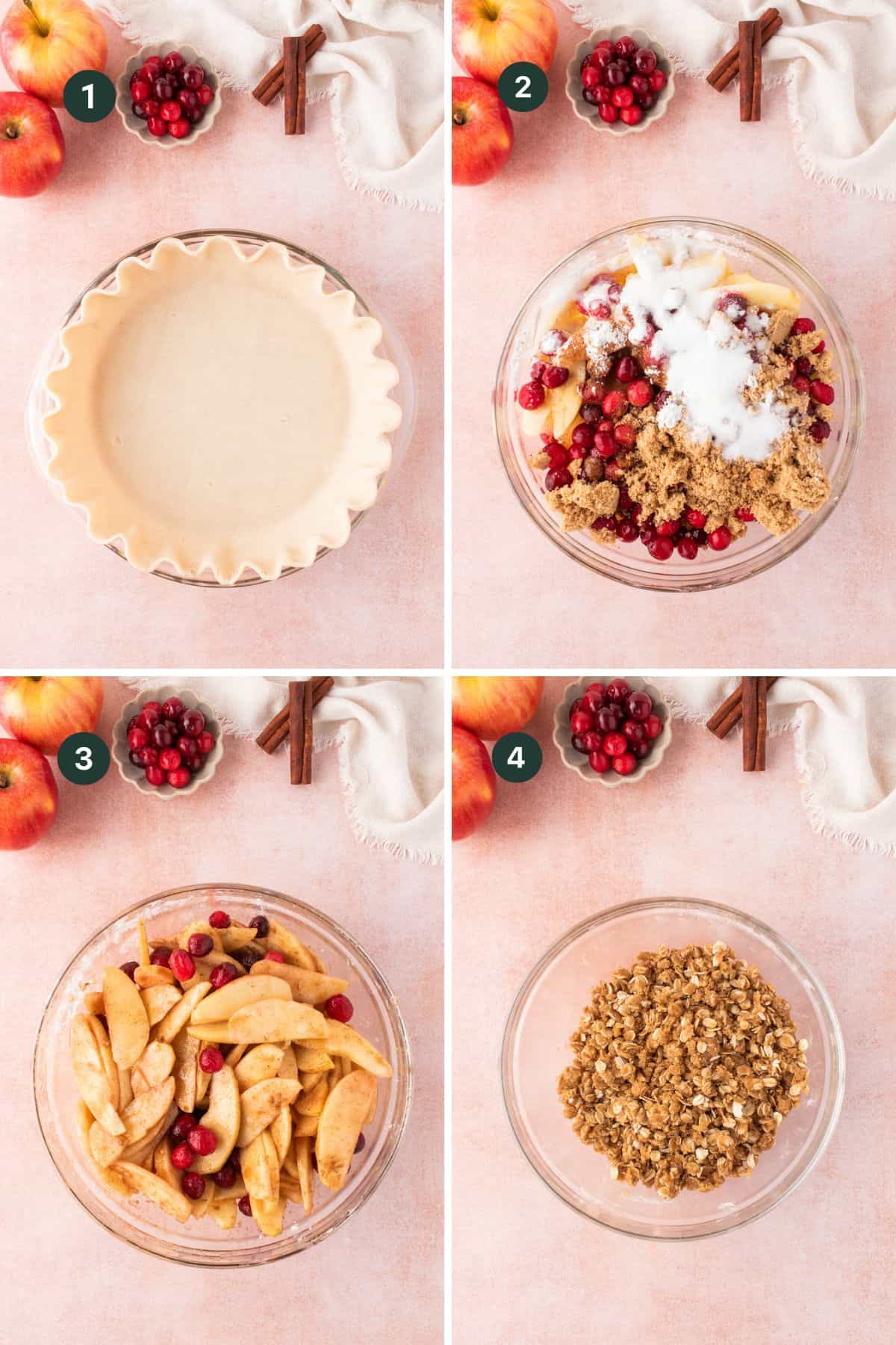 Four-step collage showing: 1) An empty pie crust in a dish, 2) cranberry and apple crumble filling with sugar and oats in a bowl, 3) mixture stirred together, 4) oat topping ready. Apples and cinnamon sticks nearby.