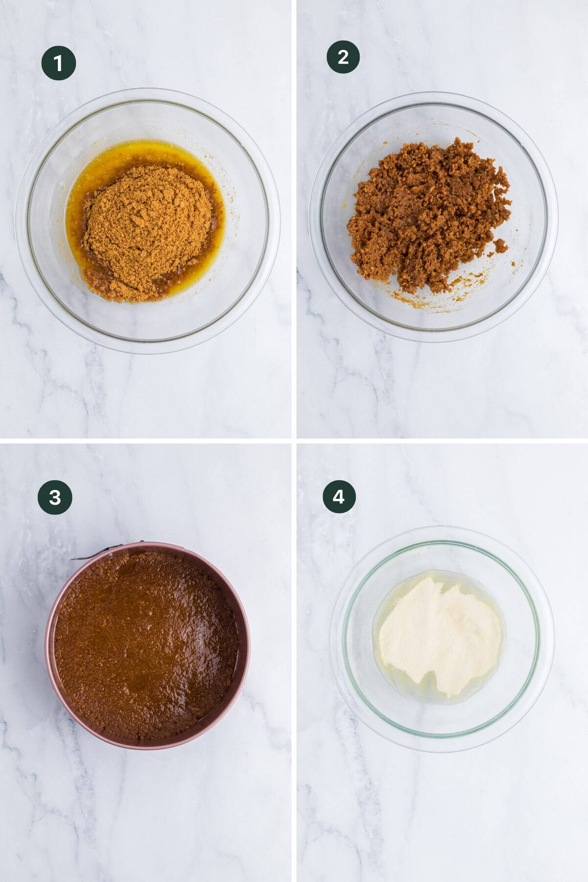 A four-panel image shows the steps of making a no bake biscoff cheesecake in glass bowls on a marble surface, with each panel labeled 1 to 4. Each bowl contains a different stage of the recipe with brown and pale yellow mixtures.