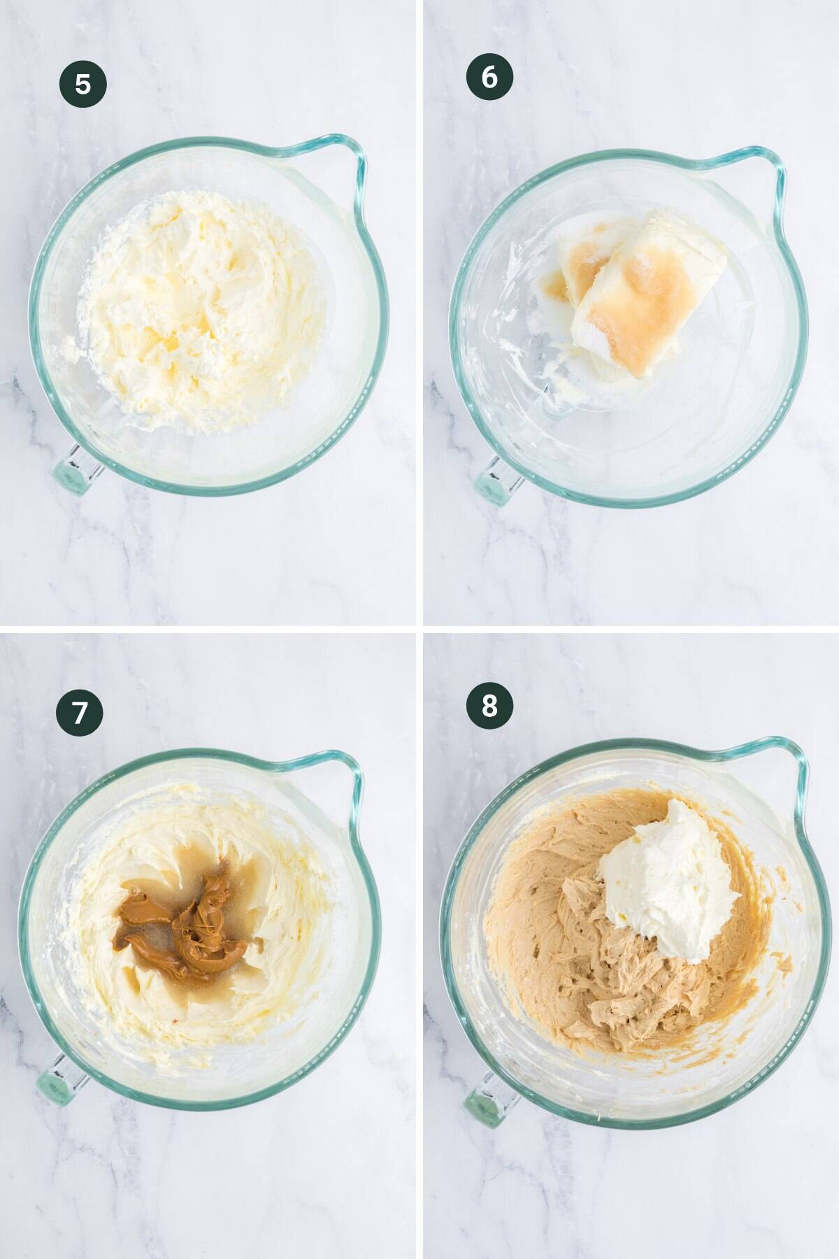 Four glass bowls on a marble surface show steps of mixing ingredients for a no bake biscoff cheesecake: creamed butter and sugar, added liquid, peanut butter, and finally a creamy mixture with whipped topping.