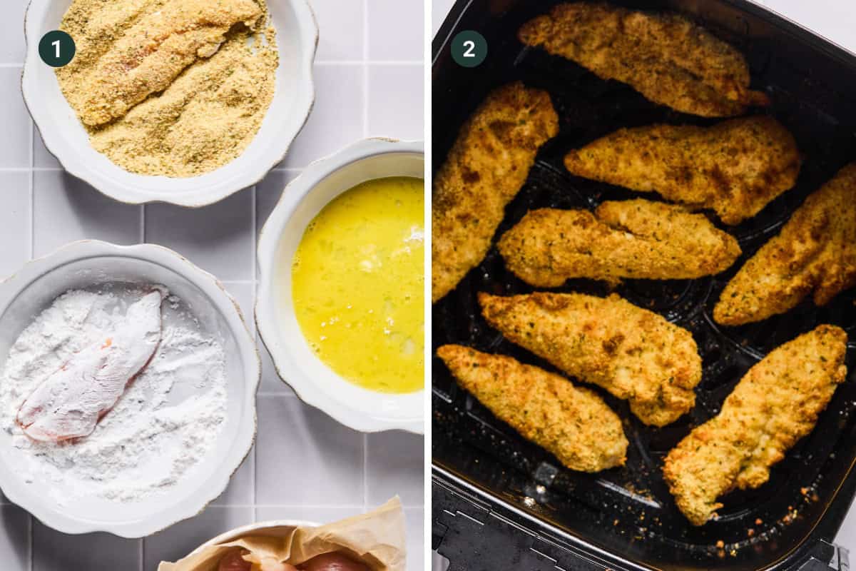 Split image: Left shows bowls with flour, beaten egg, and breadcrumbs coating raw chicken strips. Right shows golden Air Fryer Buffalo Chicken Tenders in a basket, hot and crispy from the air fryer.