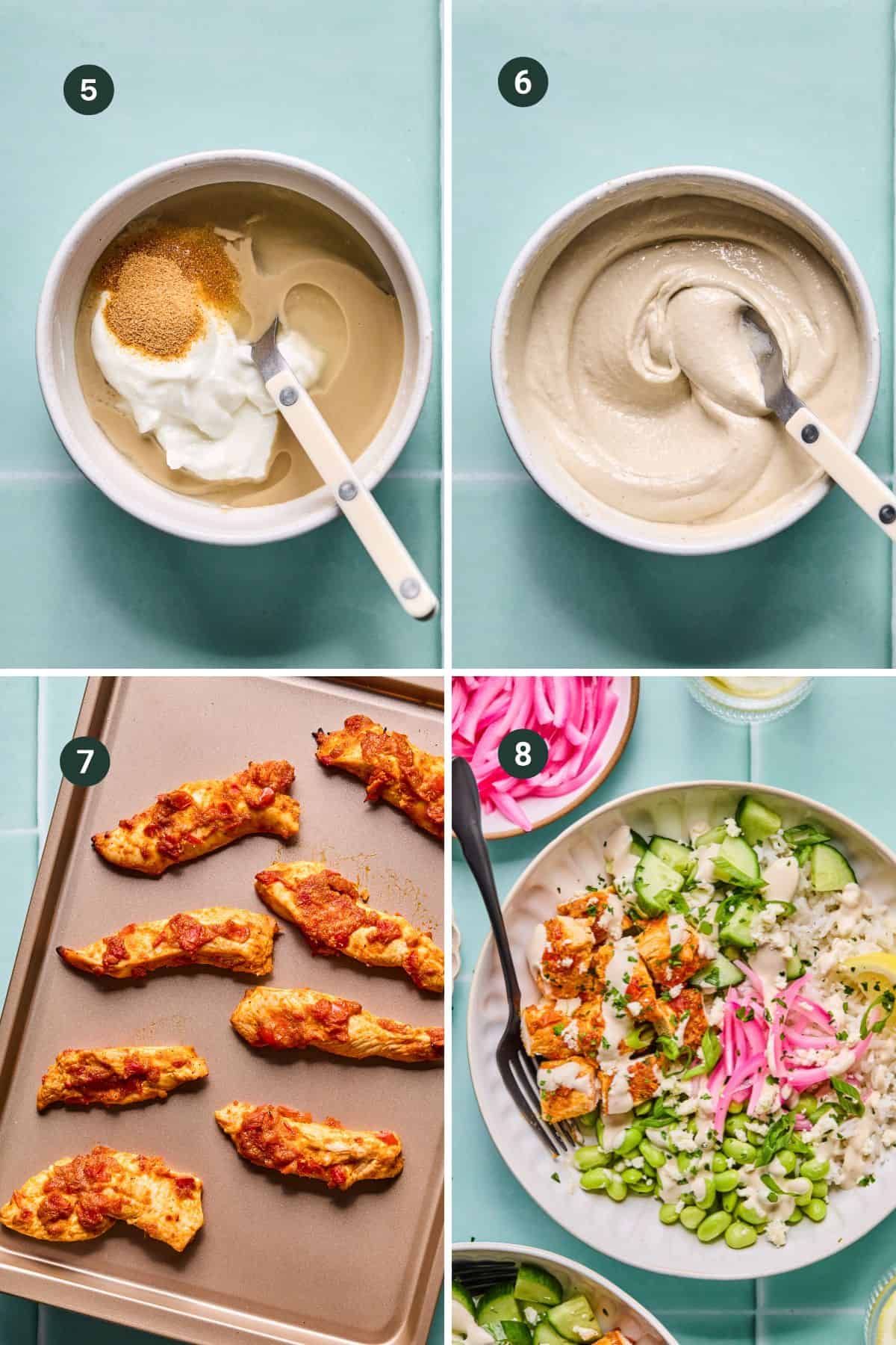 A four-panel image shows: 1) a bowl with white sauce and seasonings, 2) the sauce mixed smooth, 3) baked chicken strips on a tray, and 4) Harissa Chicken Bowls with rice, greens, pickled onions, chicken, and sauce.