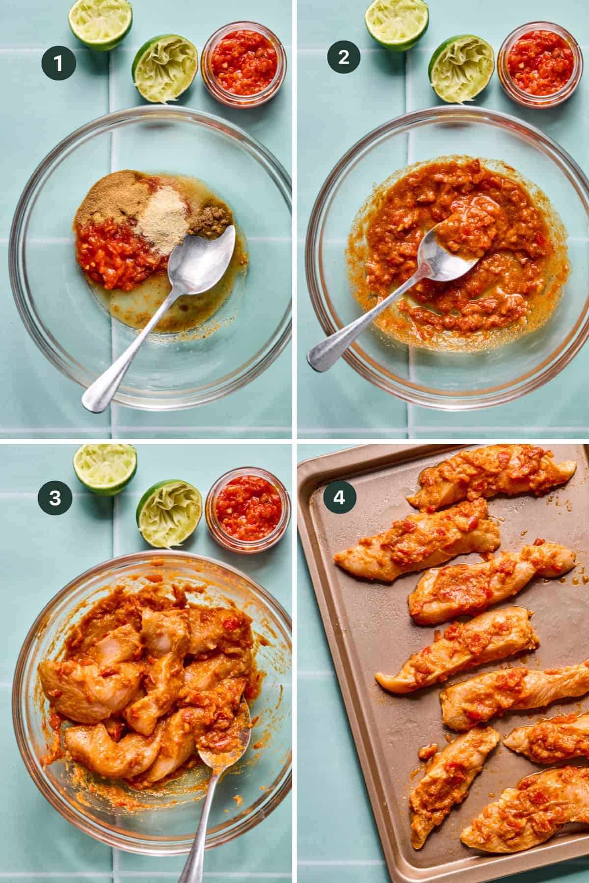 Four-step collage: 1) Spices, chili sauce, and lime halves with green paste above; 2) Ingredients mixed into a harissa chicken marinade; 3) Raw chicken strips added; 4) Marinated harissa chicken on a baking tray.