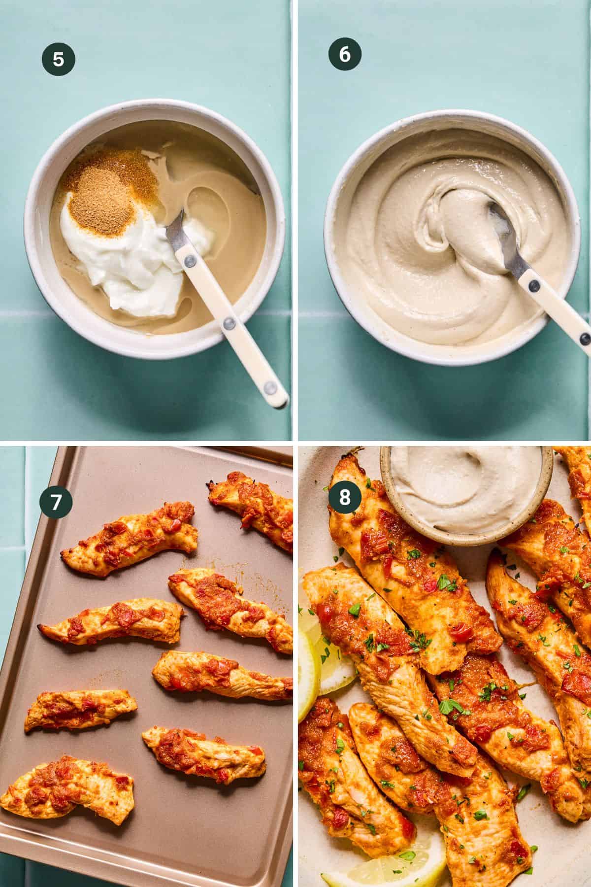 Step-by-step collage: Greek yogurt, spices, and tahini blended in a bowl; then smoothed into a creamy sauce. Harissa chicken strips coated in tomato sauce shown before and after baking, garnished with fresh herbs.