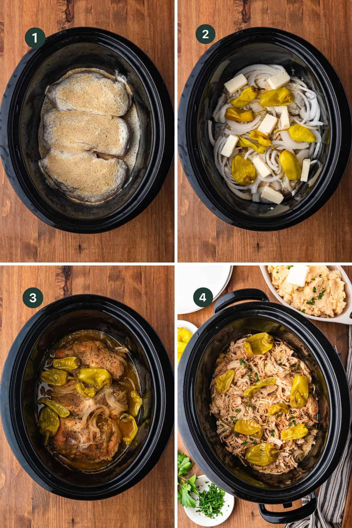 Four-step image collage showing how to make Mississippi Slow Cooker Chicken or pork: starting with meat and seasonings, then adding onions, butter, and pickles, followed by the cooked meat in broth, and finally shredded meat with toppings in the slow cooker.