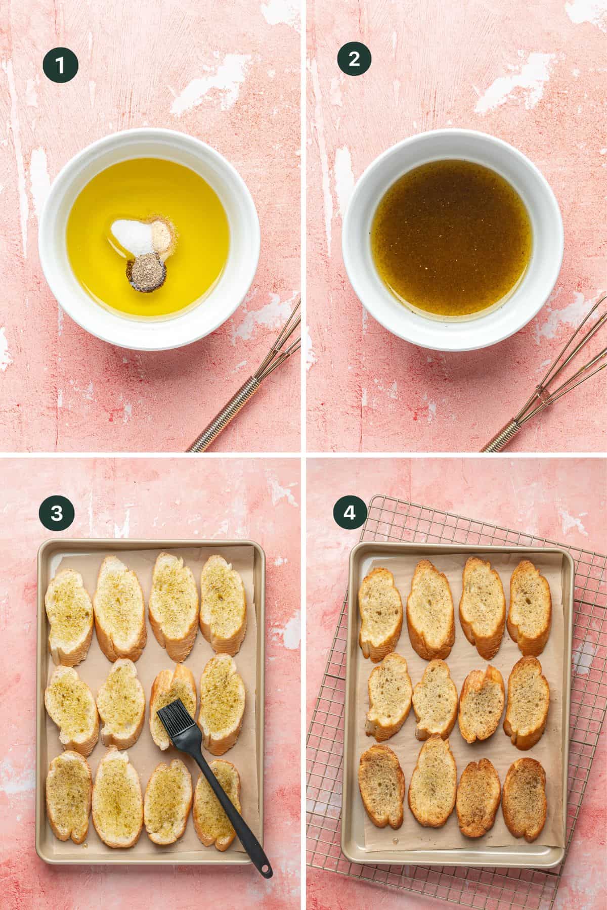 A four-step collage: 1) Olive oil, salt, pepper, and garlic in a white bowl. 2) Ingredients mixed. 3) Sliced bread for ricotta bruschetta brushed with the mixture on a baking tray. 4) Toasted bread cooling on a rack.