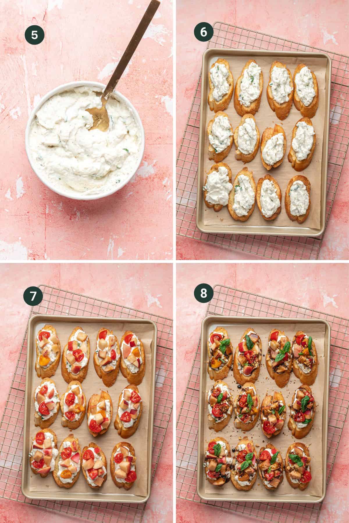 Four images show a step-by-step process: a bowl of creamy ricotta mixture with a spoon; a baking tray with toasted bread for ricotta bruschetta topped with the mixture; then diced tomatoes; and finally garnished with herbs and spices.