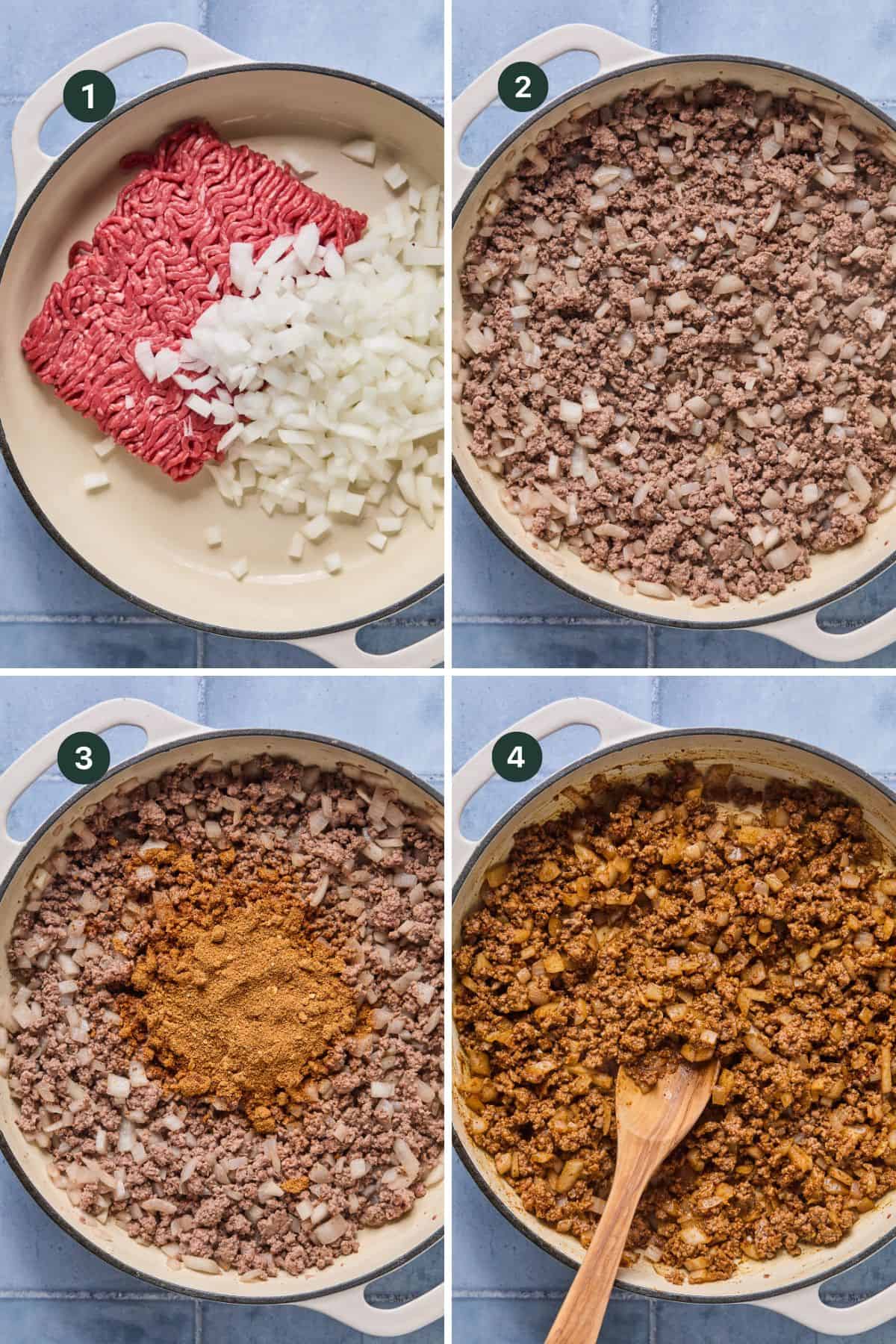 Four-panel image showing ground beef and chopped onions in a skillet (1), browned and crumbled together (2), taco seasoning added (3), and everything mixed into a seasoned taco spaghetti meat mixture with a wooden spoon (4).
