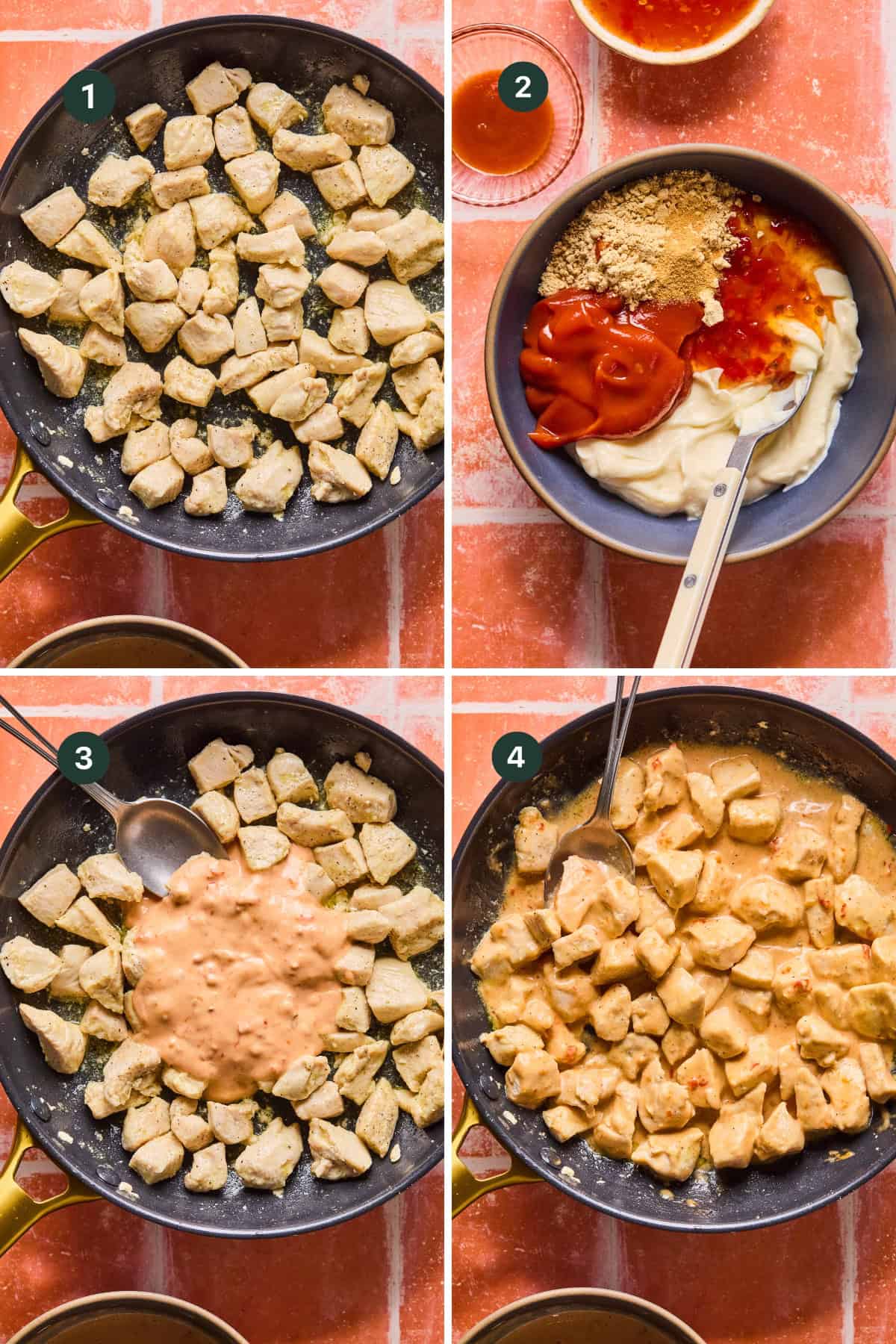 Four-step cooking process for bang bang chicken: sautéed chicken pieces in a pan, a bowl with sauce ingredients, sauce being added to the chicken, and cooked chicken coated in creamy sauce. Each step is numbered 1 to 4.