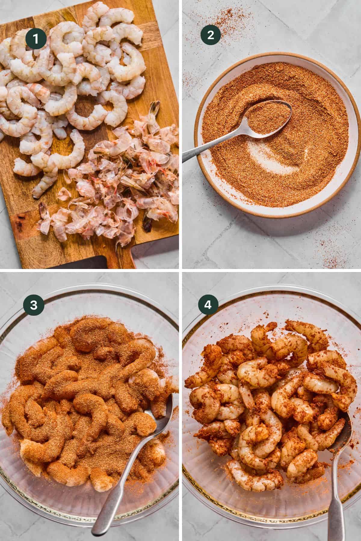 Four-step collage: peeled shrimp on a cutting board (top left), Blackened Shrimp seasoning mix in a bowl with a spoon (top right), shrimp coated with seasoning in a bowl (bottom left), and seasoned shrimp in a bowl (bottom right).