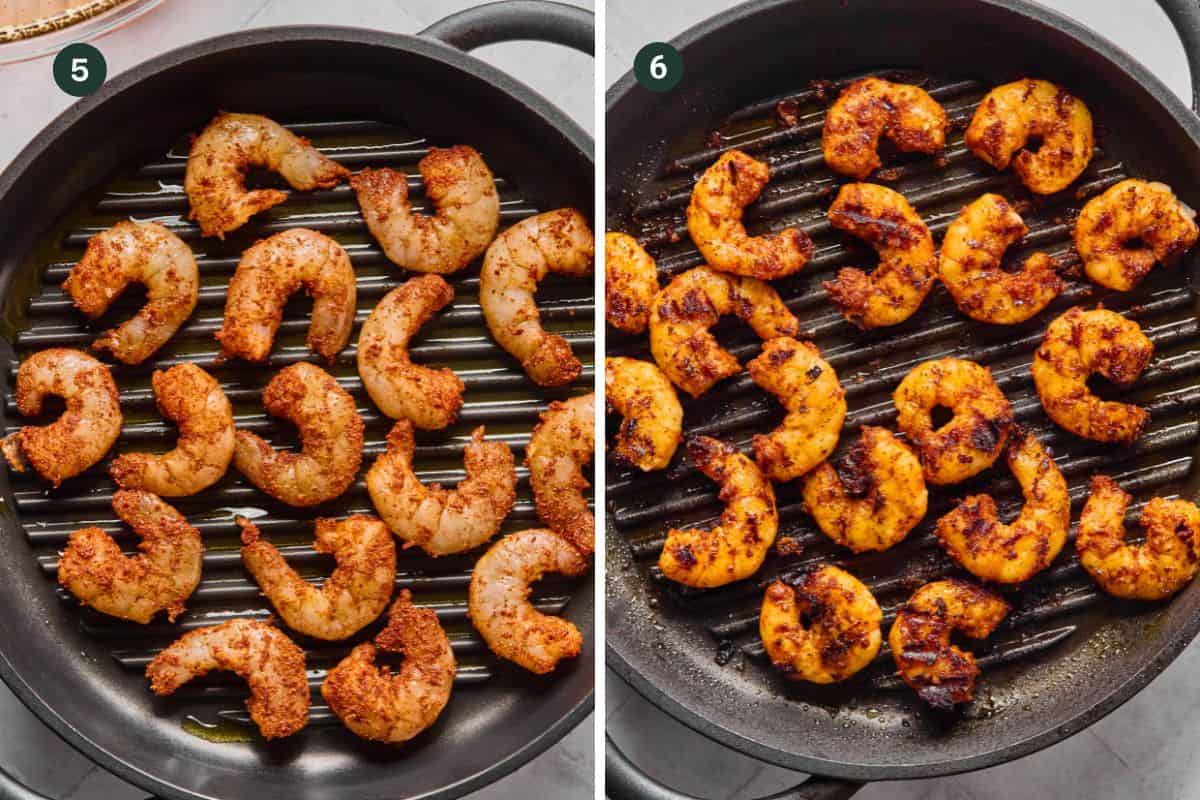Two side-by-side images show Blackened Shrimp on a grill pan. Left: Raw, seasoned shrimp arranged in the pan. Right: The same shrimp cooked to perfection with visible grill marks, labeled steps 5 and 6 in each image.