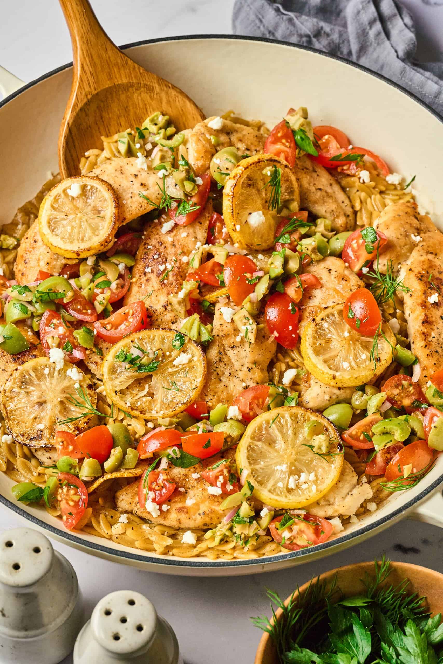 Lemon Chicken & Orzo Pasta Skillet with Tomatoes, Olives
