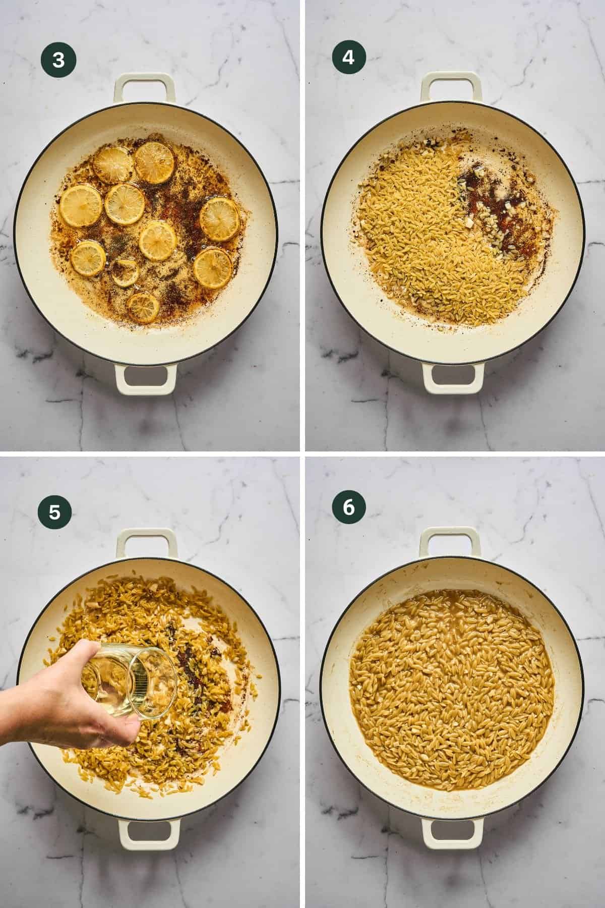 Four-step lemon orzo chicken pasta process in a white pot: sautรฉed lemon rounds, orzo added, liquid poured over orzo, then simmeredโall on a marble countertop. Steps are labeled 3 to 6.