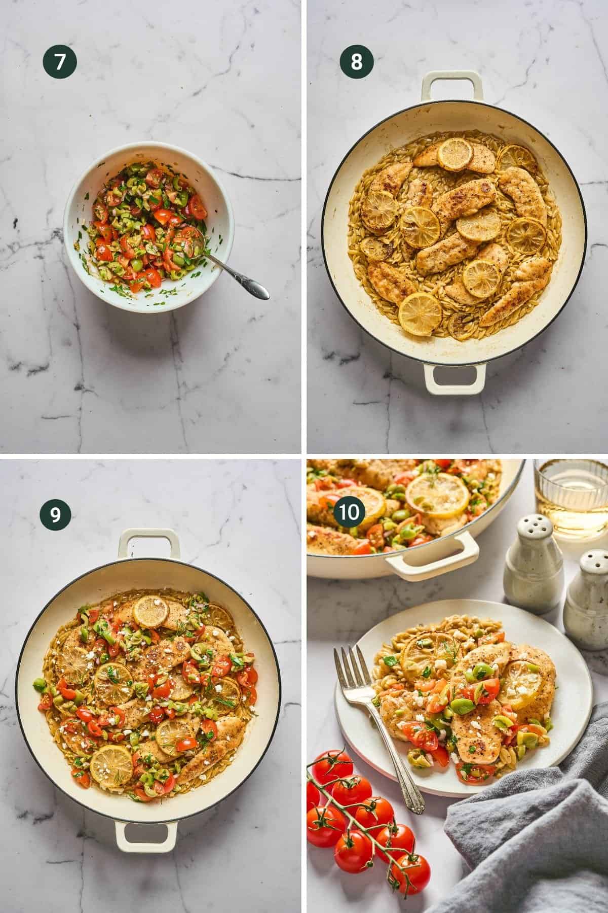 Four-step collage featuring a tomato and herb mixture, an oven dish with baked lemon orzo chicken pasta and lemon slices, the dish garnished with veggies, and a plated serving of the flavorful chicken and vegetables with utensils.