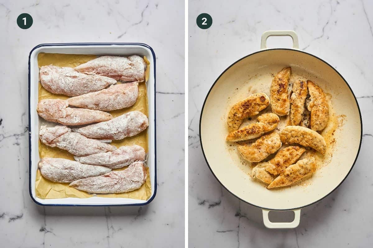 Side-by-side images: Left, raw chicken tenders coated in flour on a parchment-lined tray. Right, the tenders are browned and cooking in a white skillet, ready to be added to lemon orzo chicken pasta. Both are set on a white marble countertop.