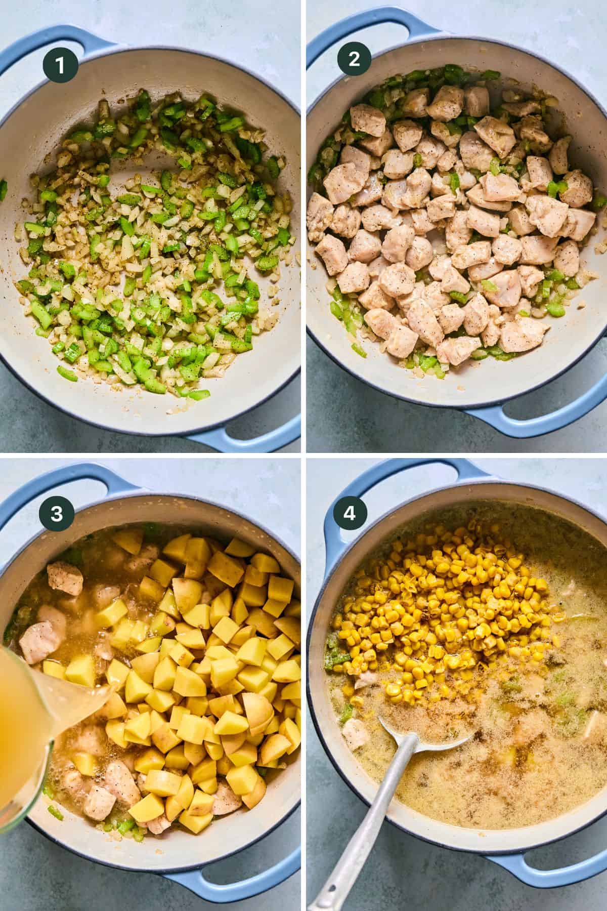 A four-step collage of Corn and Potato Chowder simmers in a blue pot: sautรฉed onions and celery, added chicken pieces, diced potatoes with broth, and corn stirred in. A ladle is visible in the final step.