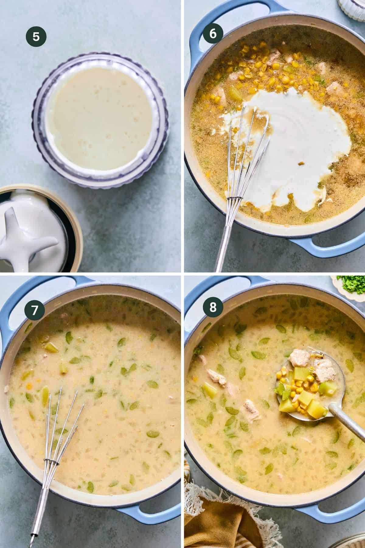 A four-panel image showing steps to make Corn and Potato Chowder: adding a creamy mixture to a pot with corn and chicken, whisking the soup, and a ladle serving the finished chowder with chicken, corn, and green vegetables.