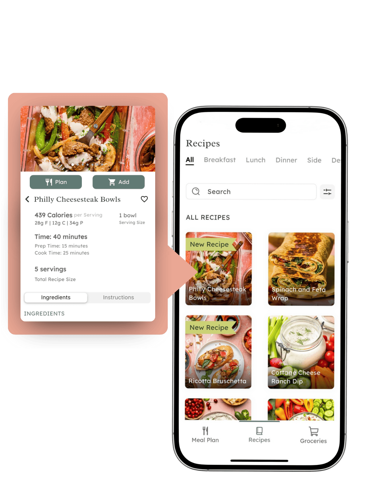 Two smartphone screens display a recipe app. The left screen shows details for Philly Cheesesteak Bowls, and the right screen shows a recipe list with food images and titles like Ricotta Bruschetta and Spinach and Feta Dip.