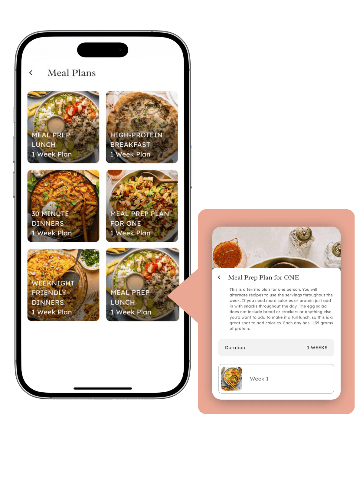 A smartphone screen displays six meal plan options with food images. Next to it, a pop-out shows details for Meal Prep Plan for One, including a food photo, plan description, and a one-week duration.