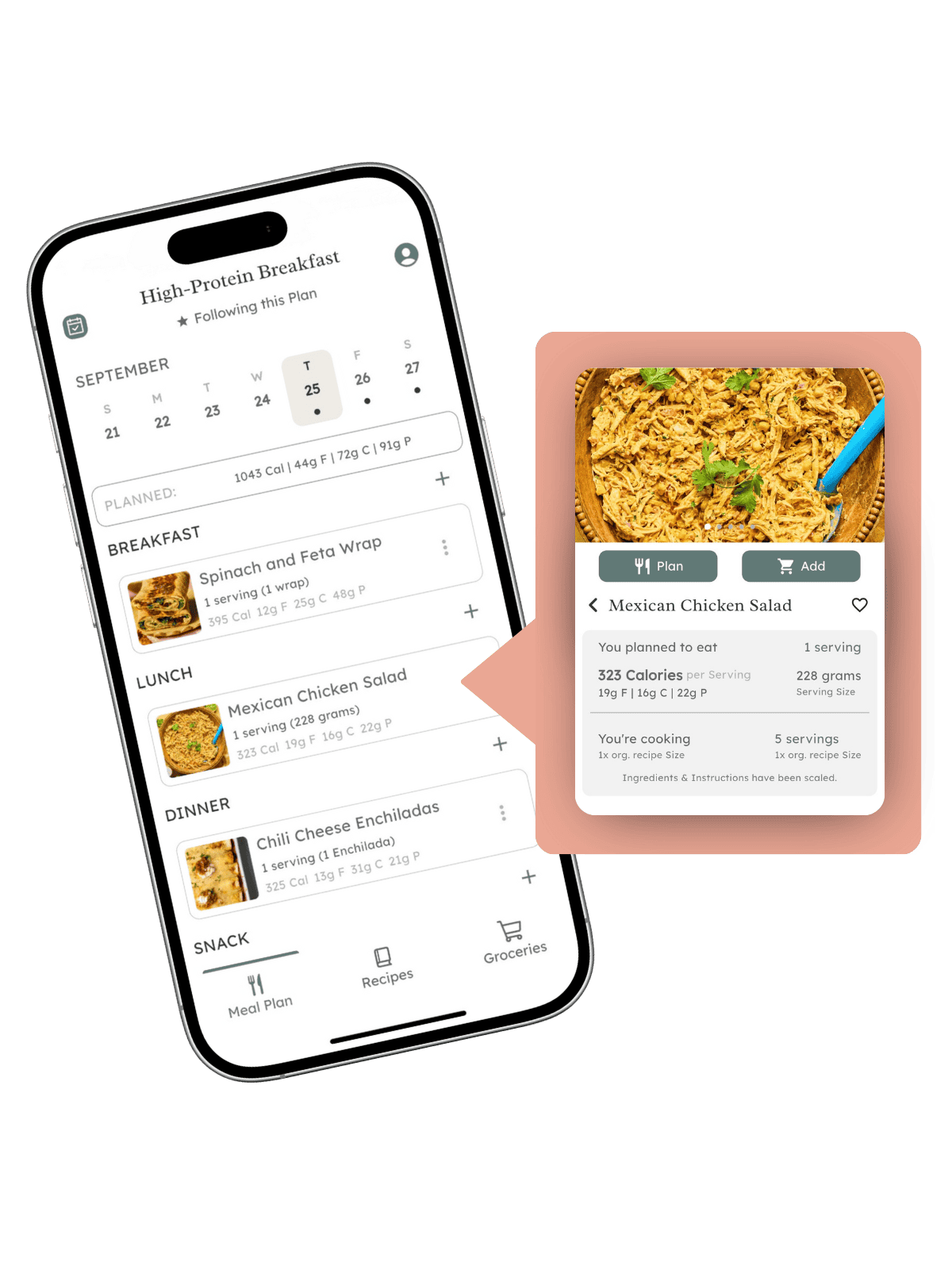 A smartphone screen displays a meal planning app with a daily menu, including breakfast, lunch, dinner, and snacks. A highlighted section shows a close-up of a Mexican Chicken Salad recipe with nutritional information.