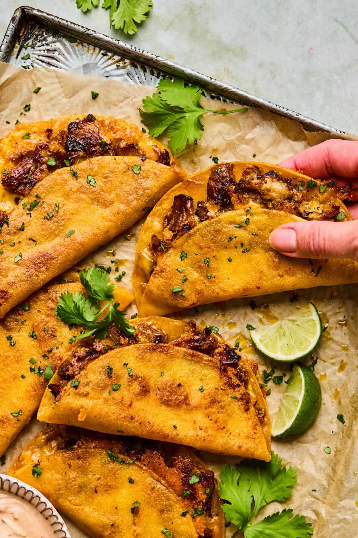A hand picks up a crispy, golden-brown Instant Pot Carnitas Taco filled with tender meat, surrounded by several other tacos, fresh cilantro leaves, and lime wedges on a parchment-lined tray.