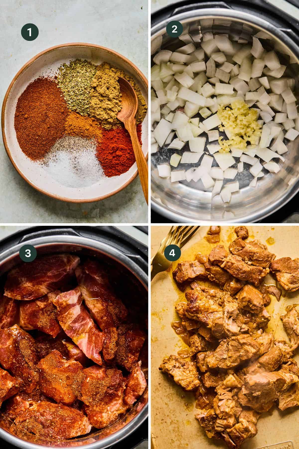 A collage of four images shows: 1) Various ground spices in a bowl with a wooden spoon, 2) Chopped onions and garlic in a pot, 3) Raw meat chunks coated with seasoning, and 4) Cooked, shredded meat for Instant Pot Carnitas Tacos.