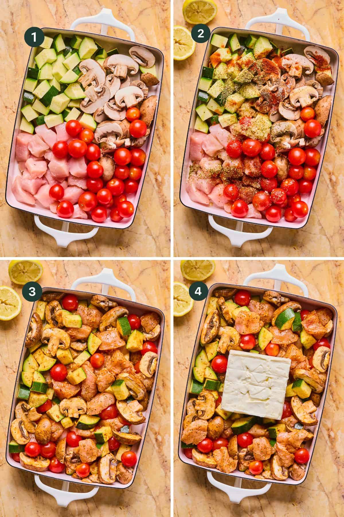 A four-step collage shows a baking dish with chopped chicken, zucchini, mushrooms, and cherry tomatoes for this chicken feta recipe; topped with spices; mixed together; and finished with a block of feta cheese added on top before baking.