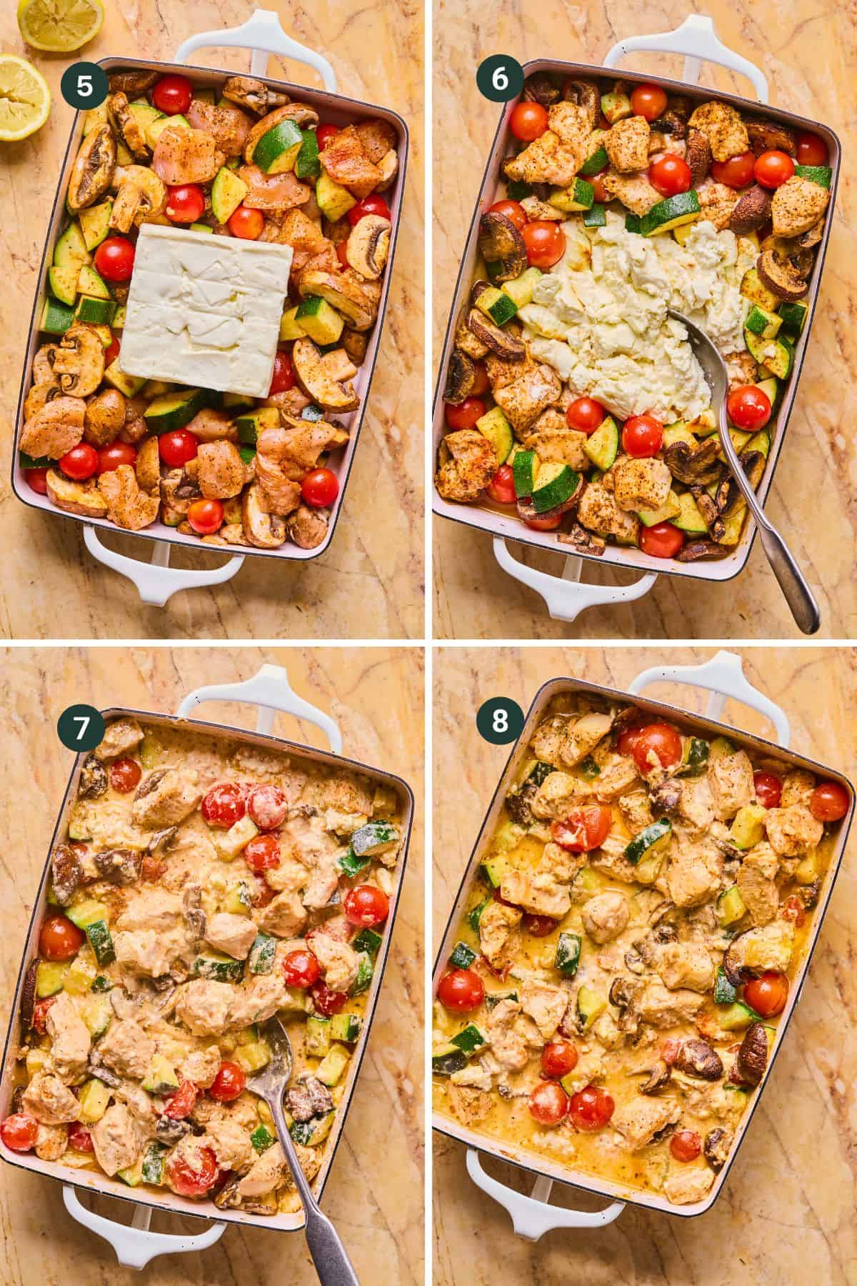 Four images show steps for a chicken feta recipe: 1) Chopped veggies, chicken, and a feta block in a dish, 2) Baked, feta crumbled and mixed, 3) Veggies, chicken, and feta combined, 4) All ingredients baked together until creamy.