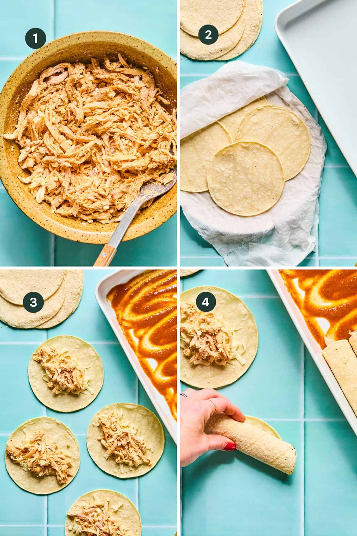 Four-step process for making rotisserie chicken enchiladas: Shredded chicken in a bowl, corn tortillas wrapped in a towel, tortillas topped with chicken, and hand rolling a tortilla with filling next to a dish of sauce.