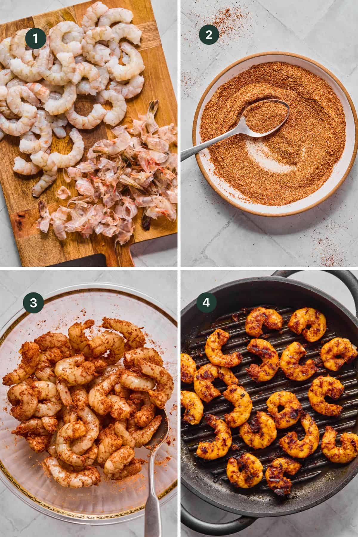 Four steps of preparing shrimp for Shrimp Wraps: 1) Raw, peeled shrimp on a cutting board; 2) Bowl of spice mix with a spoon; 3) Shrimp coated with spices in a bowl; 4) Spiced shrimp being grilled in a grill pan.