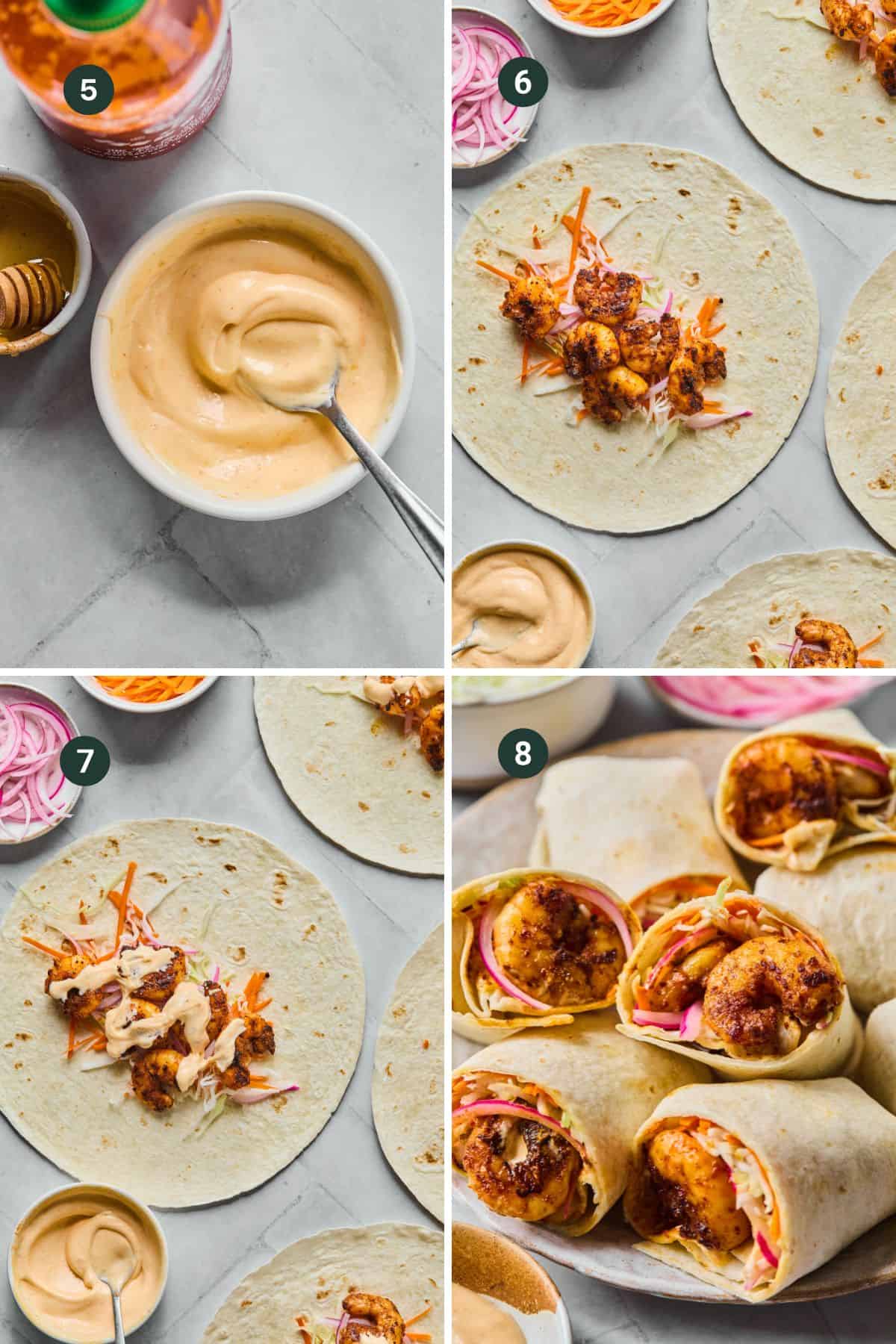 Four-panel image showing steps to make Shrimp Wraps: mixing sauce, adding cooked shrimp to tortillas with veggies, drizzling sauce, and finished wraps filled with shrimp, slaw, and sauce, ready to eat.