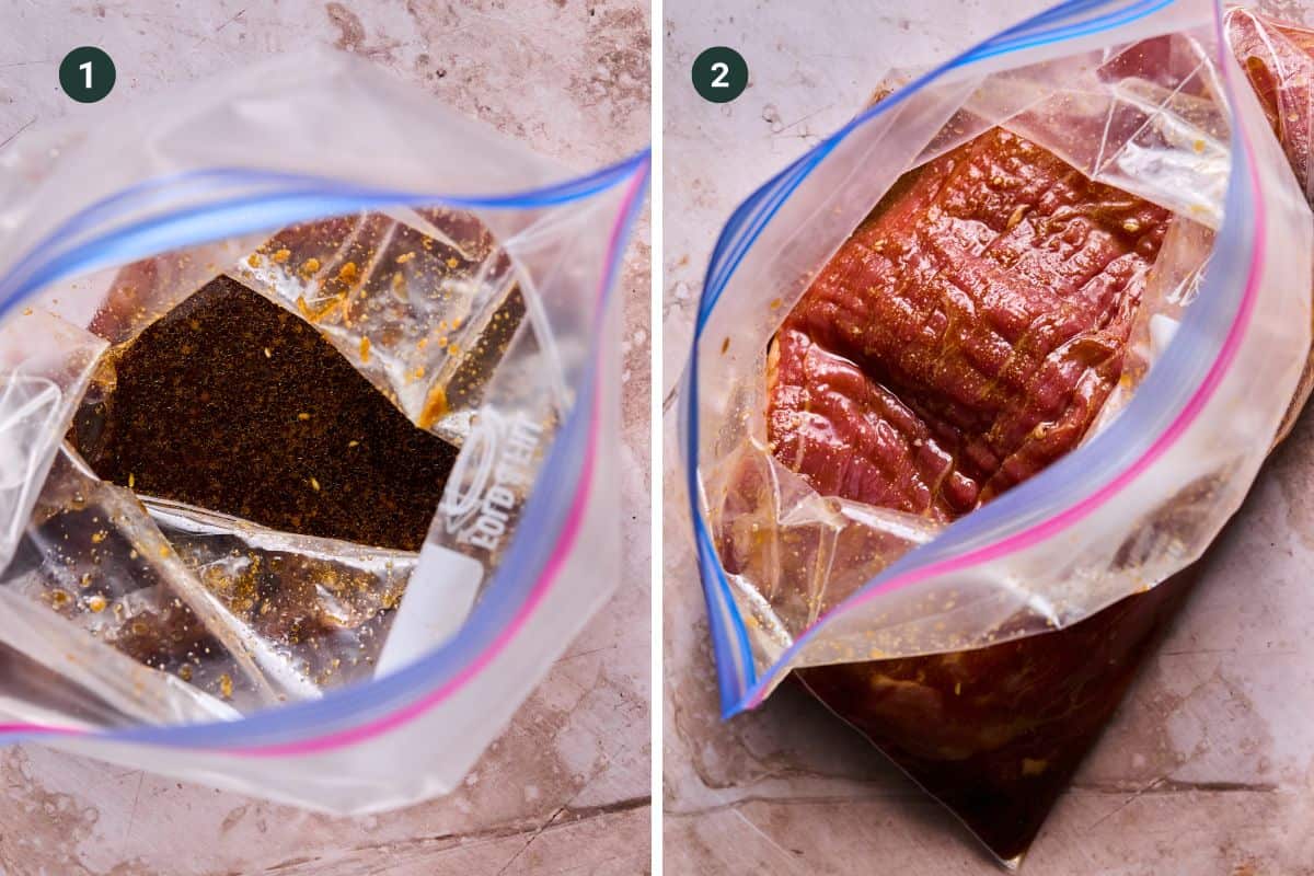 Split image: Left—plastic bag with dark spice mix and spoon inside. Right—raw Air Fryer Flank Steak marinating in a reddish sauce inside a plastic bag. Both bags rest on a light-colored surface, numbered 1 and 2.