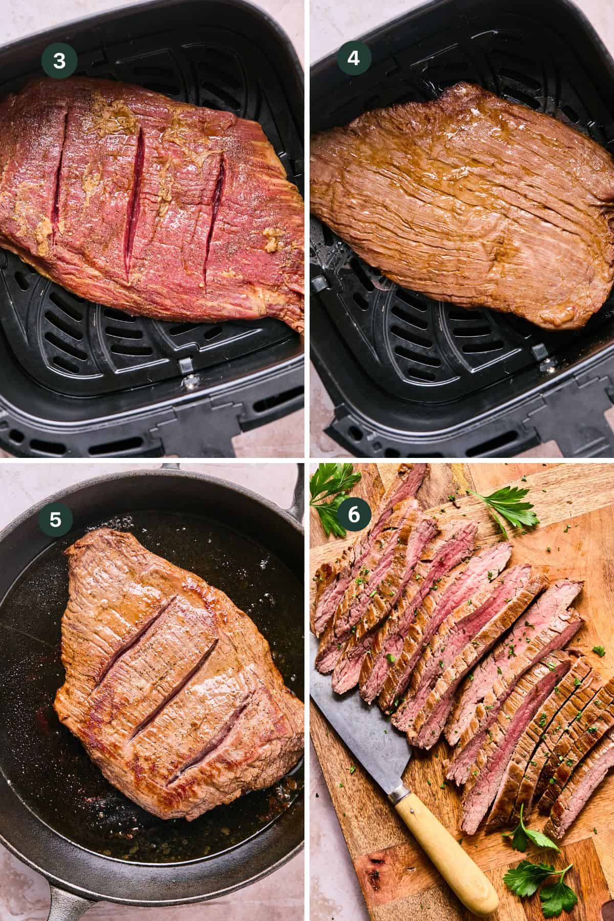 Four-step collage of Air Fryer Flank Steak: marinated steak in the air fryer (before and after), then seared in a skillet, and finally sliced on a wooden board with parsley garnish.