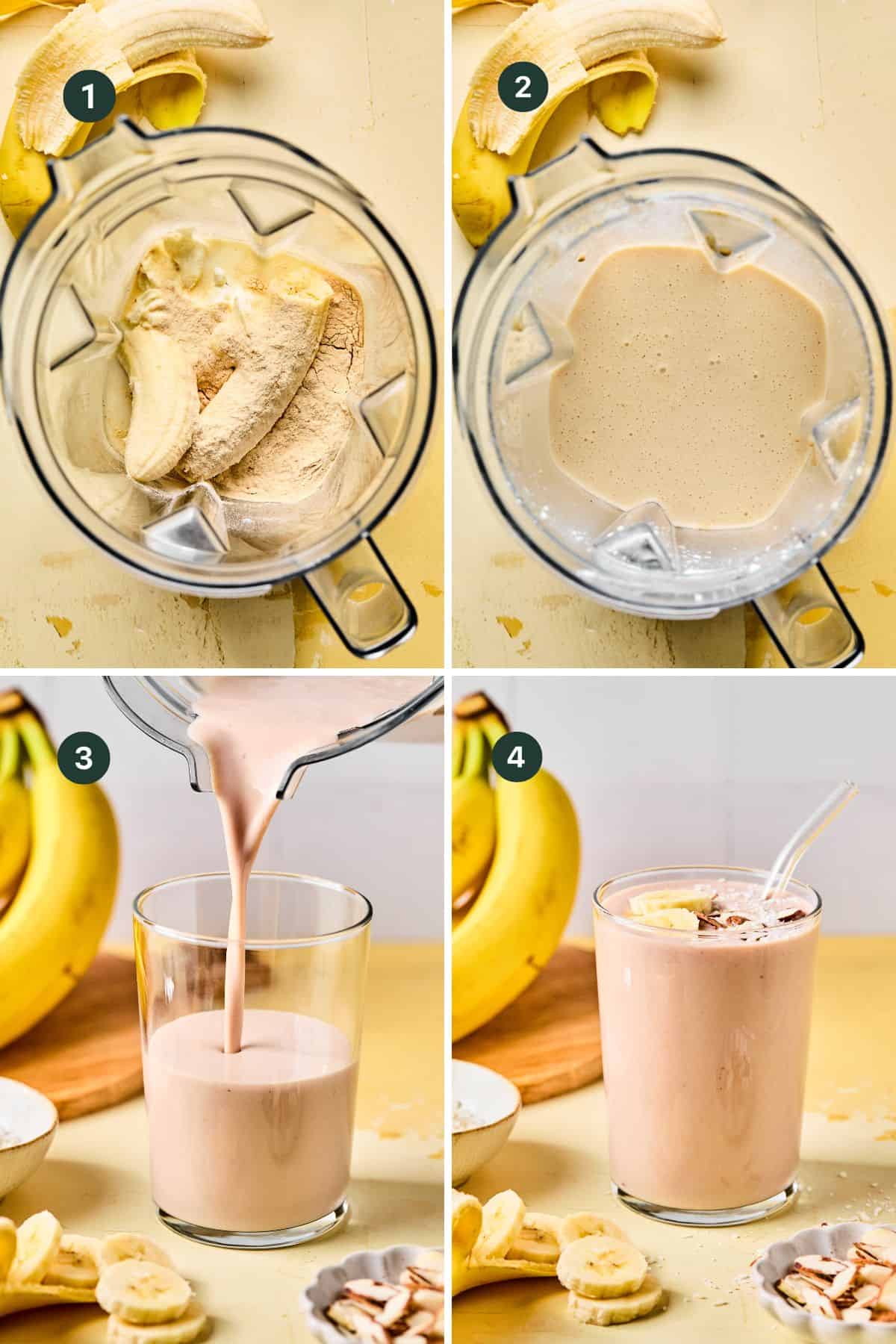 Four step-by-step images show: 1) Bananas and other ingredients for a banana protein shake in a blender, 2) mixture blended smooth, 3) smoothie being poured into a glass, 4) finished banana protein shake with slices and a straw.