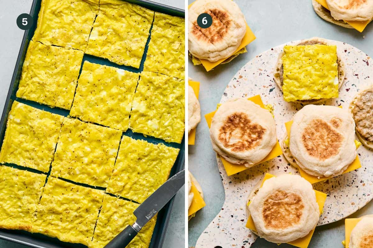Step 5 shows a tray of baked eggs cut into squares with a knife. Step 6 displays breakfast sandwiches on English muffin halves, filled with cheese and egg squares, some open-faced and others stacked on a speckled board.